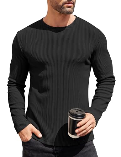 COOFANDY Pull en tricot pour homme avec col rond coupe ajustée décontracté léger pull d'hiver basique pour homme en tricot fin, Noir , L