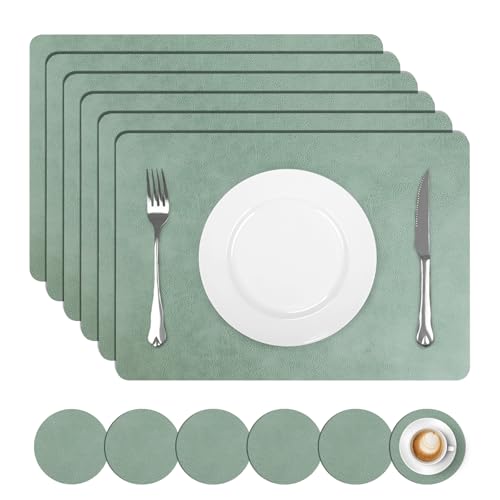 comfoyar Juego de 6 Manteles Individuales y Posavasos Doble Cara Verde de Plastico, Salvamanteles Individuales de Cuero PU Impermeables Tipo Piel de Vaca para Cocinas y Comedores Decoración 30x43cm