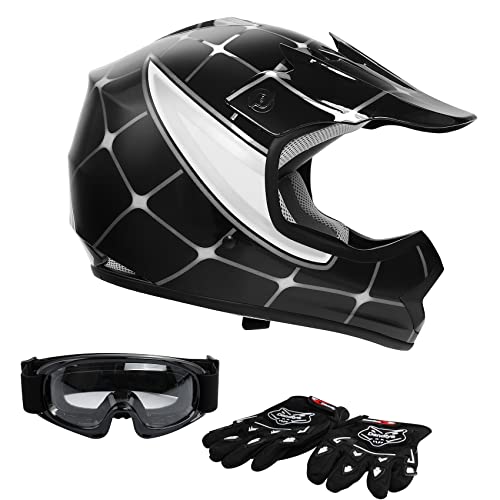 DOT Youth Helmet+Goggles & Gloves Motocross Net Street Dirt Bike ATV Helmet Gloves Googles (Kids Black Spider, XL)