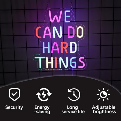 Image of We Can Do Hard Things Neon Sign for Teachers - Dimmable Multicolor Letter Classroom Light with Wired Dimmer, 11.4x12.8 in, Includes 4 Wall Anchors - Back to School Teacher Gift