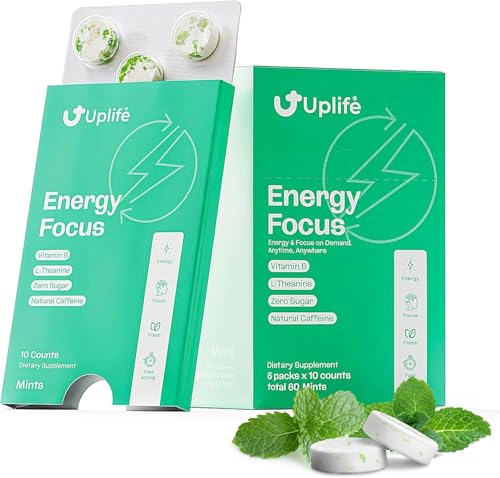 Uplife Energy + Focus Mints 60 Pieces – Fast-Acting 40 mg Caffeine Mint with 80 mg L-Theanine + Niacin Vitamin B3 & B12 + Sugar-Free & 100% Vegan – Caffeine Mints for Natural Energy Boost & Freshness