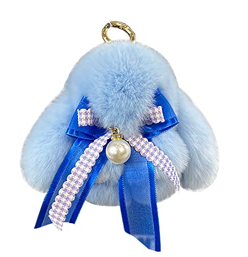 Soft Fluffy Rabbit Keychain Cute Plush Key Rings Faux Fur Keyring Pompom Keychain Decoration (blue)