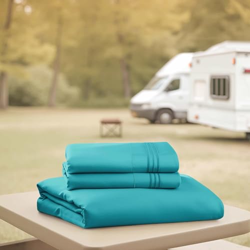 Image of Nestl Teal Short Queen Sheets for RV, Hotel Luxury RV Queen Sheets Set, 4 Piece Fitted Bed Sheet Set and Pillowcases, Super Soft, Wrinkle-Free, and Breathable Camper Bedding