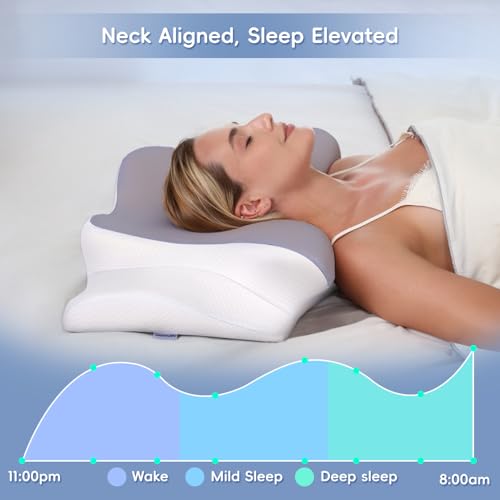 Image of Cervical Neck Pillow, Memory Foam Pillows for Neck & Shoulder Pain Relief, 2 Heights Ergonomic Pillow with Breathable Ice Silk Cover, Neck Support Pillow for Stomach Sleepers Grey