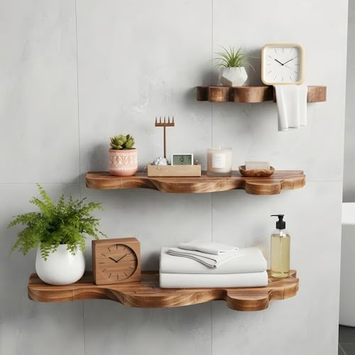 MBAIYO 3 Sets Small Floating Shelves for Wall 3 Size Live Edge Wooden Shelf Cloud Farmhouse Vintage Wall Decor with Metal Bracket for Living Room Bedroom(Brown)