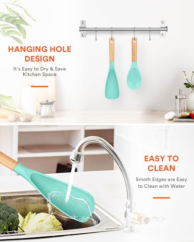 Image of Cooking Spoon And Rice Scooper for Nonstick Cookwares, Great for Cooking and Serving Durable BPA-Free Matte Silicone, Wood Handle Spoon for Mixing, Scoop, and Scrape