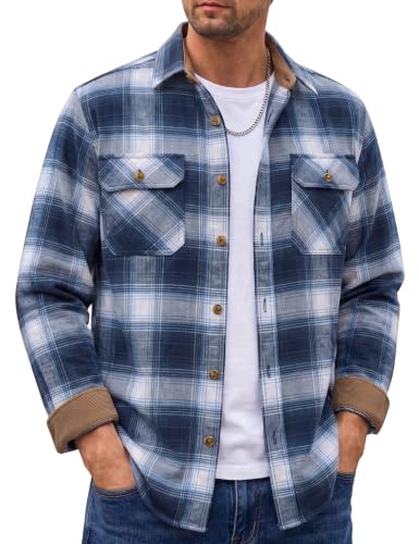 Image of Cotrasen Mens Flannel Shirts Cotton Plaid Button Down Shirt | Long Sleeve, Corduroy Collared, Soft,Breathable, Work, Western, Trendy, Casual Classic Flannel Shirt with Pocket