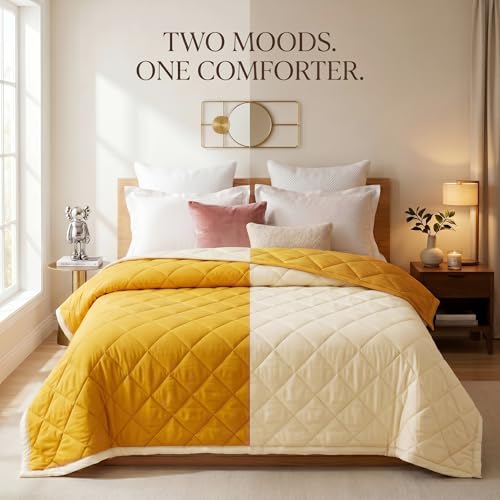 Image of VAS COLLECTIONS Double Bed Microfiber Comforter 80x90 Inch | Reversible AC Comforter | Soft Quilted Lightweight Blanket | 180 GSM All Season Comforter | Vibrante Colour Collection, Golden Yellow
