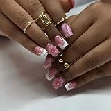IMSOHOT Square Press on Nails, Medium Fake Nails, 3D Pink Flower White French Croc Print, 24Pcs Reusable Glue on Nails for Women, Salon Quality