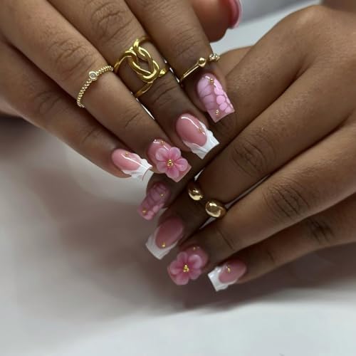 IMSOHOT Square Press on Nails, Medium Fake Nails, 3D Pink Flower White French Croc Print, 24Pcs Reusable Glue on Nails for Women, Salon Quality