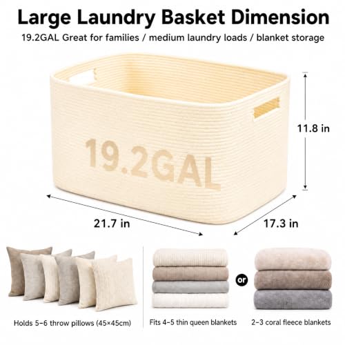 Image of 19.2GAL Sturdy Large Laundry Basket with Handles for Bathroom, Dorm Dirty Clothes, Portable Aesthetic Boho Cute Woven Storage Cushion Blanket Baskets for Living Room Decor Girls Boys Pets Toys Beige