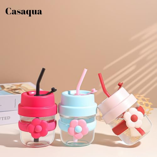Image of Glass Tumbler with Straw & Lid -300ml, Set of 1, Reusable Glass Sipper Cup with Silicone Flower Sleeve, BPA-Free Drinking Cup for Iced Coffee, Juice, Smoothies, Milk, Water (Random Color)