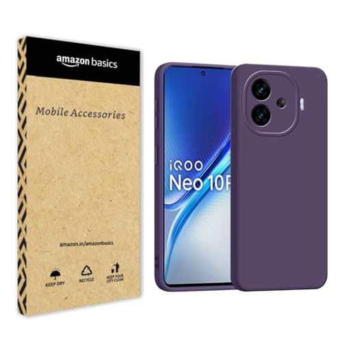 Image of amazon basics Back Cover for iQOO Neo 10R 5G | Ultra Slim Soft Rubberised Case | Matte Silicone Flexible Mobile Case | Camera Protection - Purple