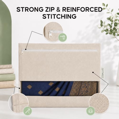 Image of DALUCI Saree Covers for Storage Pack of 12 | Cotton Saree Covers with Zip Transparent Mesh Window | Saree Organiser for Wardrobe | Saree Bags for Storage Big Size 16 x 14 Inch | Beige