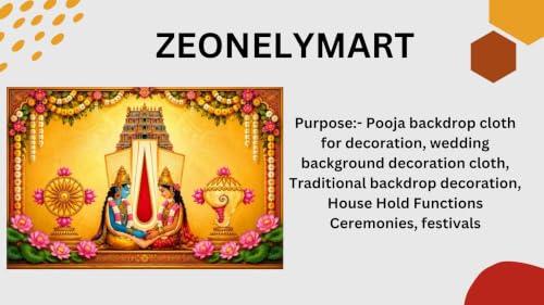Image of venkateshwara Swamy backdropss Cloth | Venkateswara & Goddess Lakshmi Wedding Backdrop with Shankha, Chakra, and Pink Lotuses 8x8 Feet | varalakshmi Pooja Backdrop Cloth