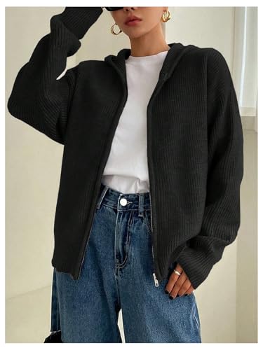 Image of SOLY HUX Zip Up Cardigan for Women Hooded Cardigan Sweater Knitted Drop Shoulder Fall Clothes Winter Hoodies Outerwear