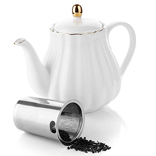 Amazingware Royal Teapot, Porcelain Tea Pot with Stainless Steel Infuser, with a Filter for Loose Tea, Pumpkin Fluted Shape - 28 oz, White