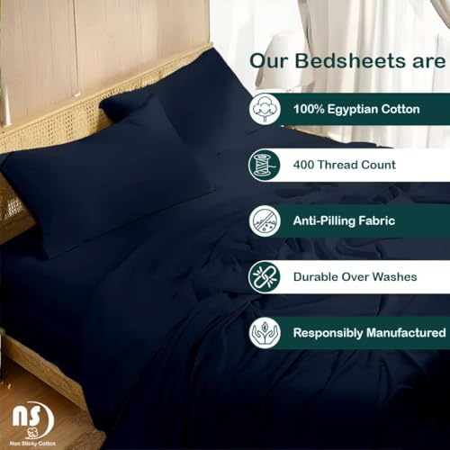 Image of NON Sticky cotton Premium 4 Piece Egyptian Cotton Fitted RV Short Queen 60 inch x 75 inch Sheet Set, Hotel Quality Bedding, Camper Sheets, 15 inch Deep Pocket, Navy Blue Solid