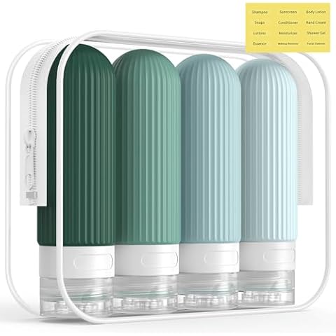 ME.FAN Travel Bottles for Toiletries, TSA Approved 3oz Silicone Travel Size Containers/Portable Split Bottle, Travel Accessories for Conditioner, Shampoo, Lotion - 4 Pack Blue Cover