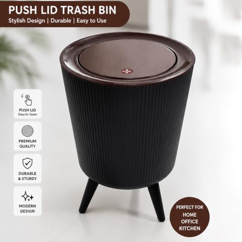 Image of House of Quirk Trash Can With Lid For Bathroom, 9 Liter Kitchen Dustbin Modern Office Trash Can With Legs, Slim Plastic Basket For Bathroom, Bedroom Round (Black)