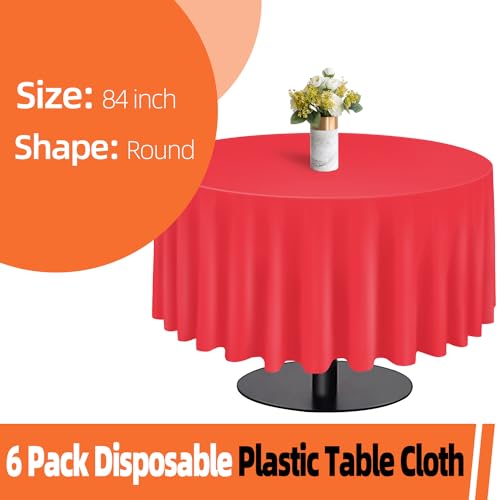 Image of tujol Red 6 Pack Plastic Table Cloth 84 inch, Disposable Round Tablecloth Table Cover, Plastic Tablecloths for Parties