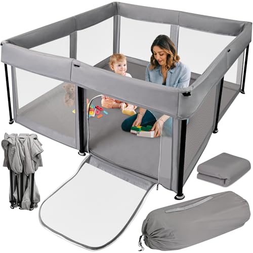 Image of Foldable Baby Playpen with Mat - 50 x 50 Inch, Portable Sturdy Safe Baby Fence with Visible Breathable Mesh, Zipper Door, Storage Bag Indoor & Outdoor Playard