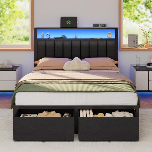 Image of Furnulem Full Size Bed Frame with Storage Drawers and Upholstered Headboard