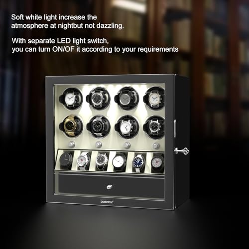 Image of DUKWIN Watch Winder for Automatic Watches, White Lockable Watch Winders with Extra Watch Storage, Jewelry Storage, 4 Rotation Modes, LED Light, Super Quiet Mabuchi Motor and Spring Watch Pillows