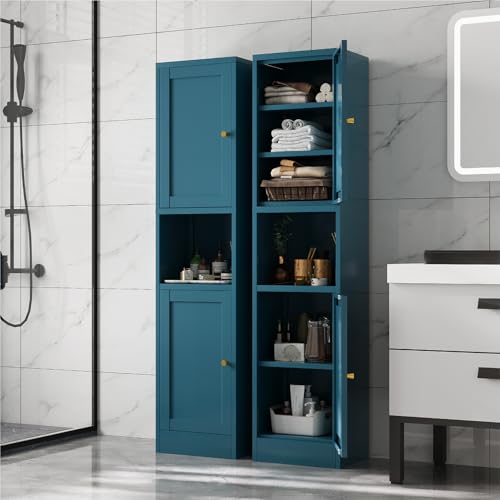 YNIQUESTLE 67" Tall Narrow Storage Cabinet with Doors and Open Shelf,Metal Pantry Cabinet,Shaker Style Slim Cabinet with Adjustable Shelves,for Bathroom Kitchen Laundry Small Spaces,Blue, 1Pc