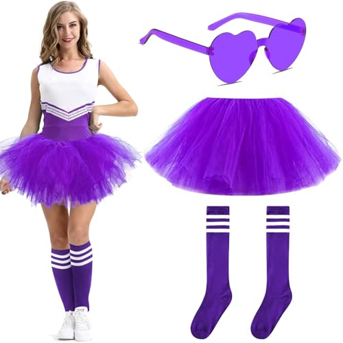 Tutus for Women Adult 5 Layered Tulle Neon Tutu Skirt with Tube Socks & Sunglasses for St. Patricks Day Running Ballet Dance (US Waist 30 Short Purple)