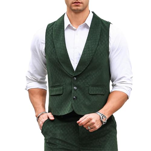 Men's Suit Vest Spring Dark Green Textured Korean Style Casual Shawl Collar Slim Vest for men