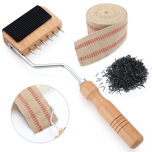 Lanties Upholstery Tool Set 3.5 Burlap Jute Webbing Tape 10 Yards Webbing Stretcher Wood Handle 115pcs 1/2 Black Upholstery Tacks for Chair Sofa Carpet & Craft Furniture Repair Kit(Red Gooseneck)