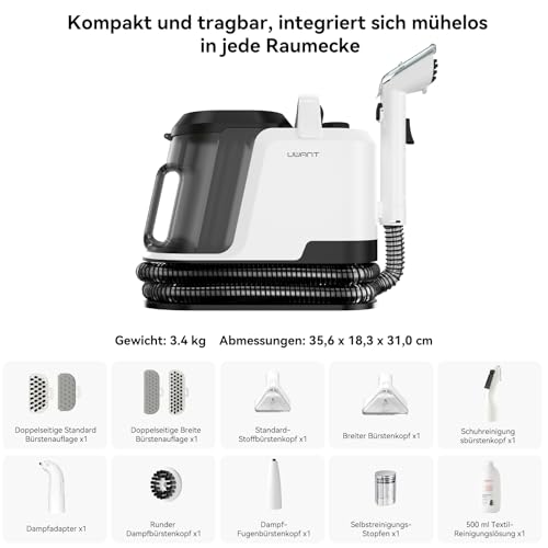 Uwant Y100 Steam Polsterreiniger Gerät, 3-in-1 Dampfreiniger für Sofa, Teppich und Auto mit 18KPA, 1750W Heißdampf, 65°C Heißwasser, Kaltwasser. Selbstreinigung, 7 Zubehör & Reinigungsmittel, 2 J. Gar