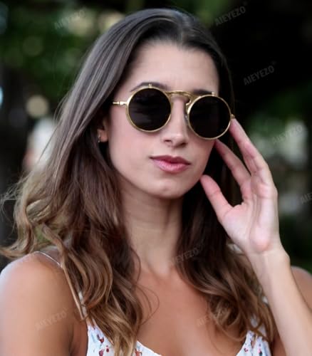 AIEYEZO Round Flip Up Sunglasses for Men and Women Rave Flip Glasses 90's Retro Steampunk Style3