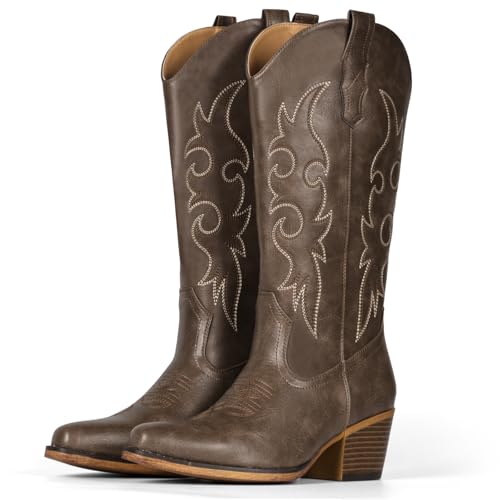 Image of IUV Cowboy Boots For Women Western Cowgirl Boots Mid Calf Snip Toe Boot With Chunky Heel