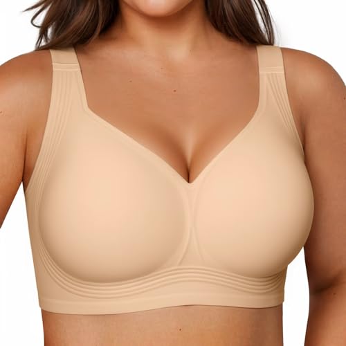 Vertvie Jelly Bras for Women Plus Size Minimizer Soft Wireless Push Up Bra Full Supportive Older Lift Back Coverage Bralette(Skin