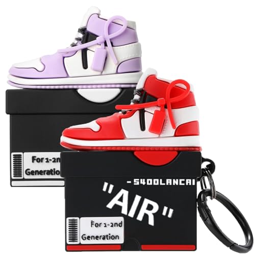 Image of [2Pack] Gedicht for Apple Airpods 2nd Generation Case Cover, Cute Cartoon Shoe Box Soft Silicone Protective Cases for AirPods 1&2 Case with Keychain for Women Men, Red+Purple