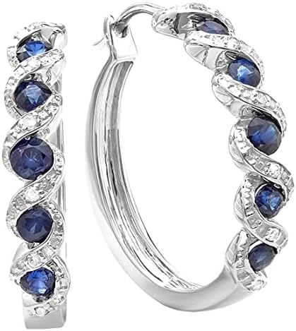 Dazzlingrock Collection Round Blue Sapphire & White Diamond Hoop Earrings | 925 Sterling Silver