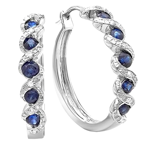 Dazzlingrock Collection Round Blue Sapphire & White Diamond Hoop Earrings | 925 Sterling Silver #TOP1