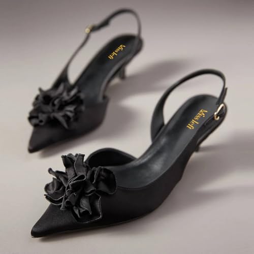 miss left Women Elegant Flower Pointed Toe Satin Slingback Pumps Slip on Comfy Low Heel Sandals Party Event Dressy Shoes Size 4-16 US4