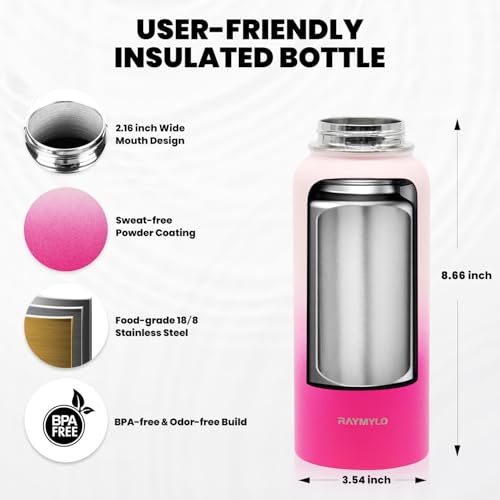 Image of RAYMYLO Insulated Water Bottle 32 oz, Triple Wall Vacuum Stainless Steel (Cold for 24Hrs, Hot for 12Hrs), Leak Proof & Non-BPA, Modern Water Flask Jug with Paracord Handle & Straw Spout Lids