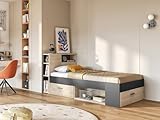 Lit 90 x 190 cm avec tête de lit rangements et tiroirs - 1 tiroir, 1 coffre et 5 niches - Avec matelas et sommier - Structure : Panneaux de particules - Coloris : Anthracite et naturel - L218,5 x P99,6 x H95 cm - Optez pour la praticité du lit LEANDRE