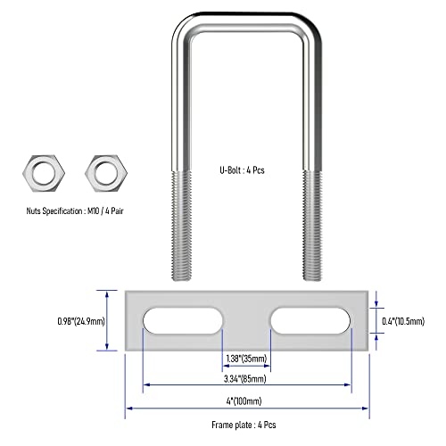 Image of 4 Sets 304 Stainless Steel Square U-Bolts 2 inch(50mm) Inner Width, 4.72 inch(120mm) Length Stainless M10 with Nuts, Frame Plate, Accessories for Automobiles Trailer, Boat Trailer Industrial Parts
