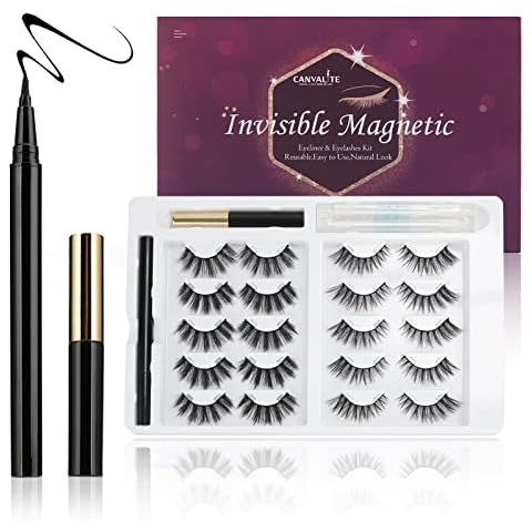 Canvalite Invisible Magnetic Eyelashes with Magnetic Eyeliner 10 Pairs Magnetic Eyelashes Natural Look Reusable & Waterproof, False Eyelashes Magnetic Easy to Wear Fluffy Wispy Cover