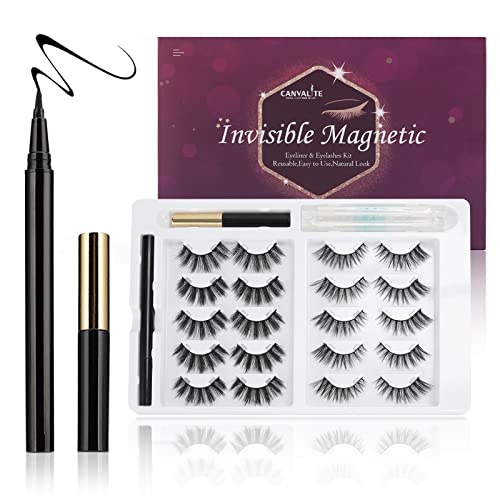 Canvalite Lot de 10 paires de cils magnétiques invisibles avec eyeliner magnétique, aspect naturel, réutilisables et imperméables, faux cils magnétiques faciles à porter Cover