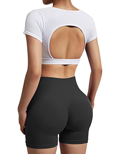 Omkagi Women Backless Workout Tops Padded Gym Shirts Short Sleeve Open Back Crop Top(L,D01-White) #TOP3