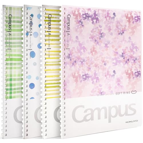 Image of Kokuyo Spiral Notebook Journal, 4 Pack Campus B5 Soft Ring Notebooks with Dotted A 7mm Rule, 40 Sheets, Aesthetic 1 Subject Notebook in Blue Pink Yellow Green, College Office Note Taking. Japan Import