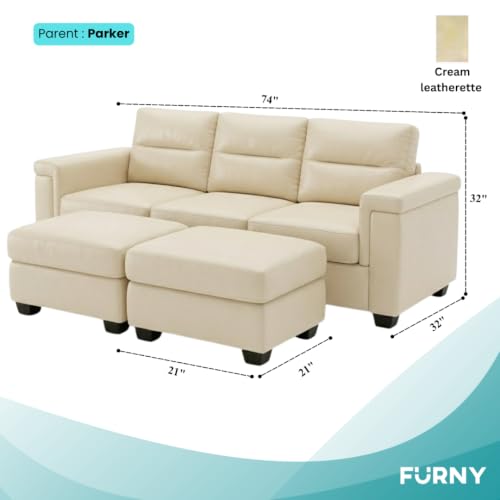 Image of FURNY Parker 3 Seater Sofa Set with 2 Ottoman | Premium Leatherette Finish | Durable Comfort Sofa for Modern Living Room & Office Spaces