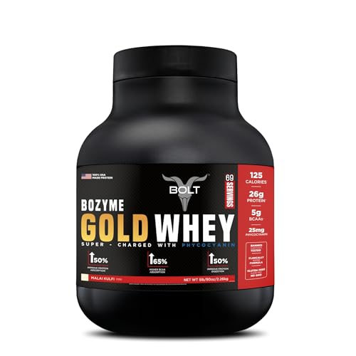 Image of Bolt Bozyme Gold Whey Protein Powder With Superfood Phycocyanin | 26 gm protein | 5g BCAA| 5lb /2.268 kg (69 Servings) | Malai Kulfi