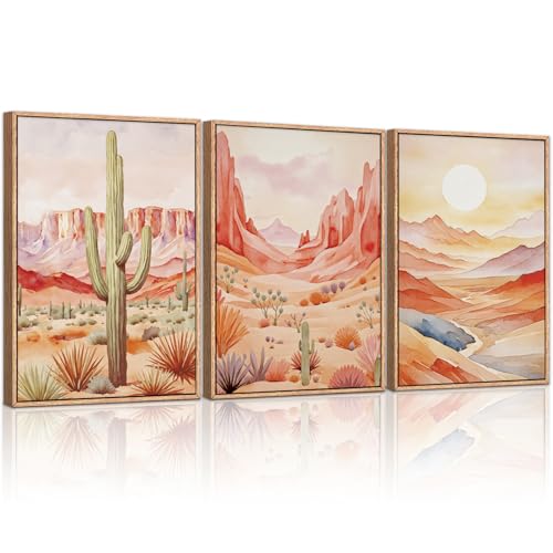 HLNIUC Boho Desert Plant Framed Canvas Wall Art Set,Southwestern Sun